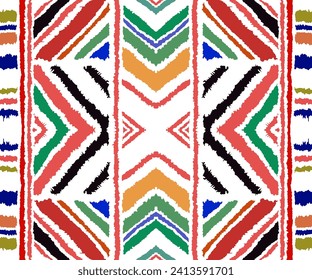 Diagonal ikat stripes. Zigzag pattern seamless. Geometric chevron abstract illustration, wallpaper. Tribal ethnic vector texture. Aztec style. Folk embroidery. Indian, Scandinavian, African rug.