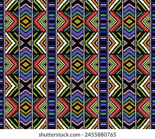 Rayas diagonales de ikat. Patrón en zigzag sin fisuras. Ilustración abstracta de chevron geométrico, Fondo de pantalla. Textura de Vector étnico tribal. Estilo azteca. Bordado de Folk. Alfombra india, escandinava, africana.
