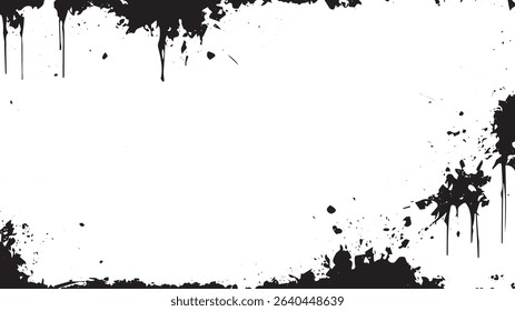 Diagonal Ink Drip and Splatter Grunge Border on White Background for Artistic and Horror Designs