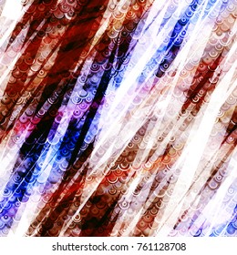 Diagonal intersecting stripes, arcs and rings. Seamless texture. Brown, white, black, blue colors. Abstract vector background for web page, banners backdrop, fabric, home decor, wrapping