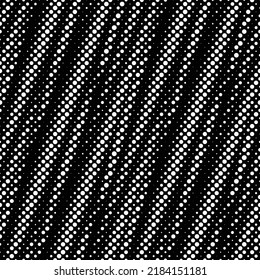 Diagonal irregular stripes in halftone style with white dots on a black background. Geometric modern textile texture. Seamless dotted vector pattern.