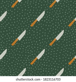 Diagonal knife ornament seamless pattern. Doodle stylized cooking print wuth green dotted background. Designed for wallpaper, textile, wrapping paper, fabric print. Vector illustration.