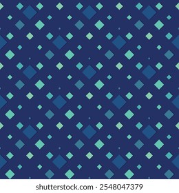 Diagonal large and small cyan and blue squares with shadow on dark blue background. Vector geometric seamless abstract pattern or texture.