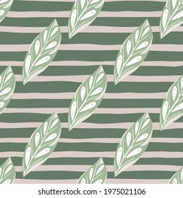 Diagonal leaf ornament seamless pattern in hand drawn style. Grey striped background. DIagonal print. Perfect for fabric design, textile print, wrapping, cover. Vector illustration.