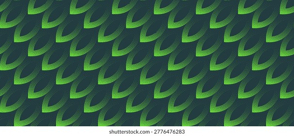Diagonal leafy forms with layered greenery flow, natural dynamic structure for organic design visuals. Vector abstract wide panoramic background in vibrant colour with halftone dots and gritty texture