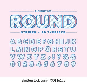 Diagonal line alphabet letters set. Retro round 3D striped fonts or typeface for headline or title design of poster, layout design, scrapbook or print.