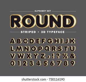 Diagonal line alphabet letters set. Round 3D striped fonts or typeface for headline or title design of poster, layout design, scrapbook or print.