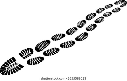 Uma linha diagonal de pegadas de bota preta com padrões de pisos distintos leva através de um fundo branco limpo, sugerindo movimento ou um caminho.