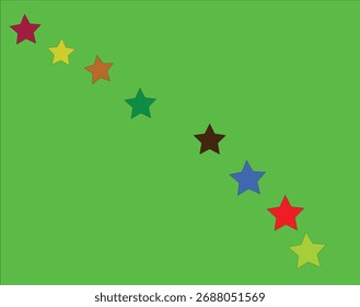 A diagonal line of colorful, pixelated stars against a vibrant green background, creating a retro or digital art aesthetic.