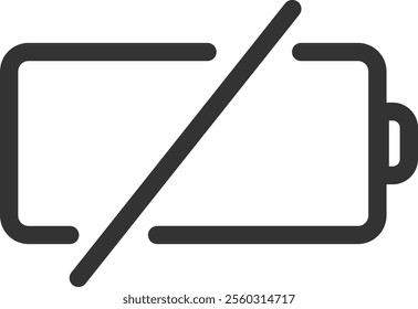 Diagonal line crossing a simple battery icon, indicating a critically low or empty battery status, symbolizing the need for charging or power conservation