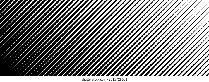 Diagonal line halftone gradation texture. Fade oblique stripe gradient background. Black slant lines pattern backdrop. Vanishing thin parallel stripes wallpaper for overlay, print, cover. Vector