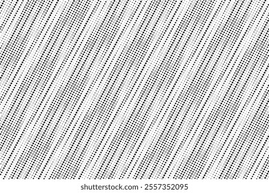 Diagonal liner halftone spotted gradient background. Dotted stains concentric texture with fading effect. Black and white circle shade wallpaper. Grunge rough vector. Monochrome geometric backdrop.	