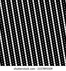 Diagonal lines, dots seamless pattern. Linear motif. Angled stripes ornament. Striped background. Pinstripes print. Tilted line shapes wallpaper. Slanted stripe figures backdrop. Vector illustration