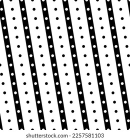 Diagonal lines, dots seamless pattern. Linear motif. Angled stripes ornament. Striped background. Pinstripes print. Tilted line shapes wallpaper. Slanted stripe figures backdrop. Vector illustration