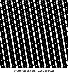 Diagonal lines, dots seamless pattern. Linear motif. Angled stripes ornament. Striped background. Pinstripes print. Tilted line shapes wallpaper. Slanted stripe figures backdrop. Vector illustration