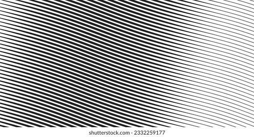 Diagonal lines halftone effect. Abstract black and white background with curve lines and waves. Banner.
