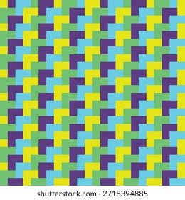 Diagonal lines of overlapping neon blue, green, yellow and purple squares 