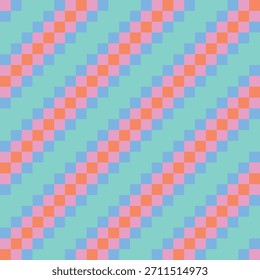 Diagonal lines of overlapping squares created from pale blue, pink and orange squares on a mint green background