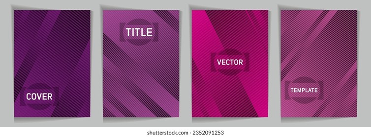 Diagonal lines texture metallic gradient vector cover page templates. Title place. Cover page layout design collection. Lines and stripes background patterns. Modern style geometric banners.
