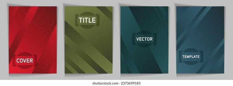 Líneas diagonales textura gradiente metálico plantillas de portada de portada vectorial. Marco para texto. Conjunto de diseño de plantillas de portada. Patrones de fondo de líneas y rayas. Diseño industrial de materiales de moda.