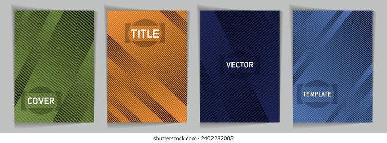 Diagonal lines texture metallic gradient vector cover page templates. Place for text. Cover page template design set. Metallic gradient background patterns. Rectangle folded sheets.