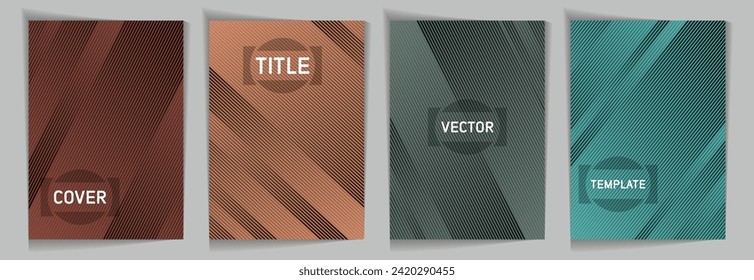 Diagonal lines texture metallic gradient vector cover page templates. Title frame. Cover page template design set. Lines and stripes background patterns. Futuristic creative banners.