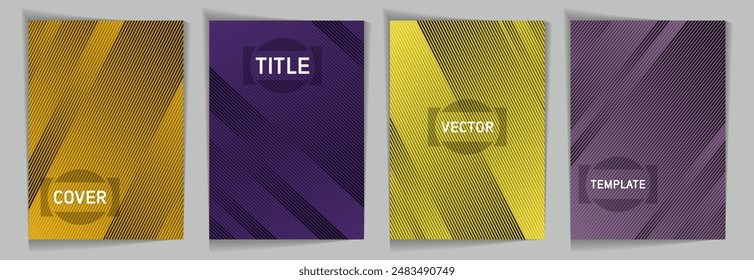 Diagonal lines texture metallic gradient vector cover page templates. Title place. Cover page template design set. Metallic gradient background patterns. Gaming minimalist dynamic  grids.