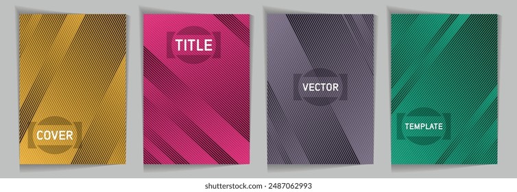 Diagonal lines texture metallic gradient vector cover page templates. Place for text. Cover page template design set. Lines and stripes background patterns. Presentation backdrops.
