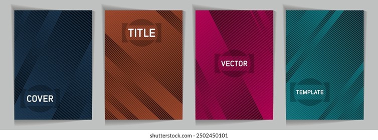 Plantillas de portada de Vector de gradiente metálico de textura de líneas diagonales. Marco para texto. Colección de diseño de diseño de portada. Líneas y rayas patrones de fondo. Rectángulo de hojas dobladas.