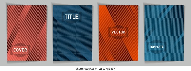 Diagonal lines texture metallic gradient vector cover page templates. Frame for text. Cover page layout design collection. Metallic gradient background patterns. Geometry stripes surface backgrounds