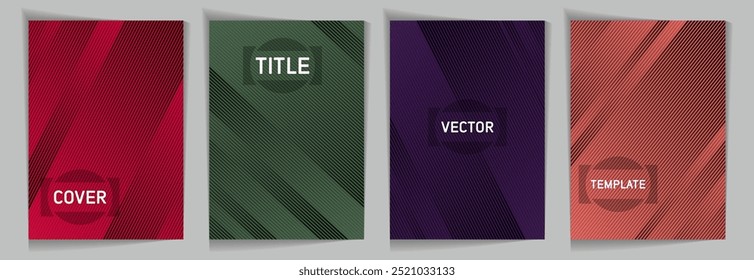 Diagonal lines texture metallic gradient vector cover page templates. Place for text. Cover page template design set. Lines and stripes background patterns. Technology concept design.