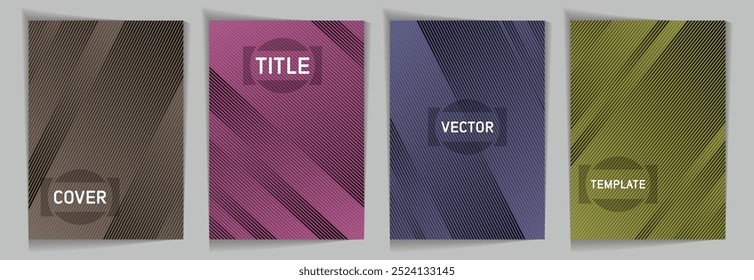 Diagonal lines texture metallic gradient vector cover page templates. Frame for text. Cover page template design set. Metallic gradient background patterns. Trendy material industrial design.