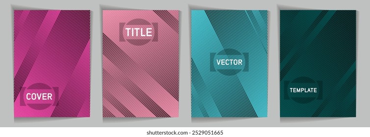 Diagonal lines texture metallic gradient vector cover page templates. Title frame. Cover page template design set. Metallic gradient background patterns. Presentation backdrops.