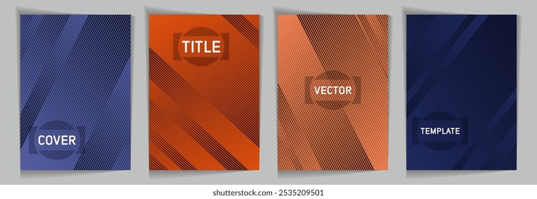 Diagonal lines texture metallic gradient vector cover page templates. Title place. Cover page layout design collection. Metallic gradient background patterns. Elegant digital cards.