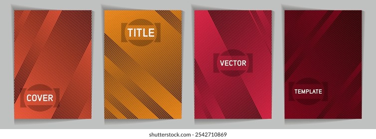 Diagonal lines texture metallic gradient vector cover page templates. Title place. Cover page template design set. Lines and stripes background patterns. Elegant digital cards.