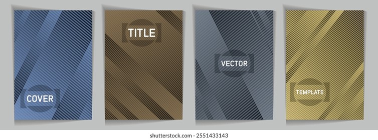 Diagonal lines texture metallic gradient vector cover page templates. Place for text. Cover page layout design collection. Metallic gradient background patterns. Modern style geometric banners.