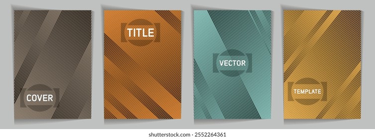 Diagonal lines texture metallic gradient vector cover page templates. Title frame. Cover page template design set. Metallic gradient background patterns. Premium blank poster backgrounds.