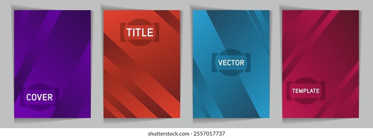 Diagonal lines texture metallic gradient vector cover page templates. Frame for text. Cover page template design set. Lines and stripes background patterns. Trendy material industrial design.