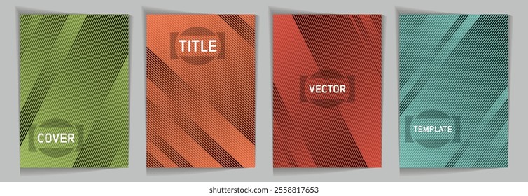 Diagonal lines texture metallic gradient vector cover page templates. Title place. Cover page template design set. Metallic gradient background patterns. Presentation backdrops.