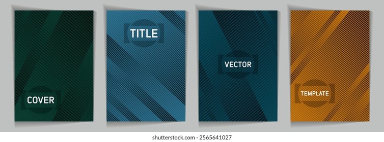 Diagonal lines texture metallic gradient vector cover page templates. Place for text. Cover page template design set. Metallic gradient background patterns. Geometry stripes surface backgrounds