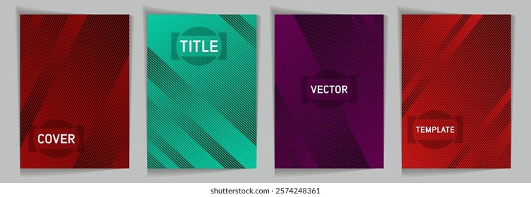 Diagonal lines texture metallic gradient vector cover page templates. Place for text. Cover page template design set. Metallic gradient background patterns. Business graphic design.