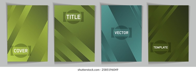 Diagonal lines texture metallic gradient vector cover page templates. Title place. Cover page template design set. Metallic gradient background patterns. Geometry stripes surface backgrounds