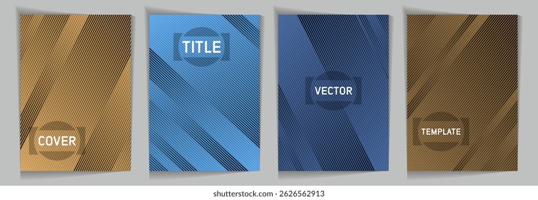 Diagonal lines texture metallic gradient vector cover page templates. Title frame. Cover page template design set. Metallic gradient background patterns. Futuristic creative banners.