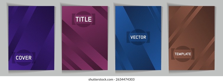 Diagonal lines texture metallic gradient vector cover page templates. Place for text. Cover page template design set. Metallic gradient background patterns. Premium blank poster backgrounds.