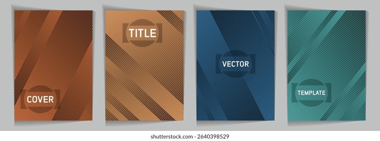 Diagonal lines texture metallic gradient vector cover page templates. Place for text. Cover page layout design collection. Lines and stripes background patterns. Futuristic creative banners.