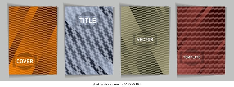 Diagonal lines texture metallic gradient vector cover page templates. Title place. Cover page template design set. Metallic gradient background patterns. Modern style geometric banners.
