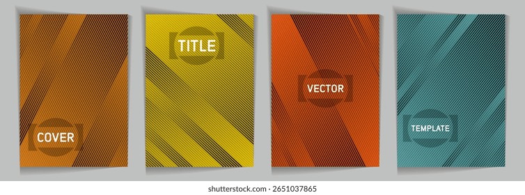 Diagonal lines texture metallic gradient vector cover page templates. Frame for text. Cover page template design set. Lines and stripes background patterns. Trendy material industrial design.