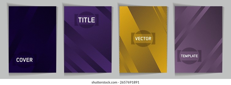 Diagonal lines texture metallic gradient vector cover page templates. Place for text. Cover page template design set. Lines and stripes background patterns. Gaming minimalist dynamic  grids.