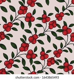 Diagonal lingonberry twigs seamless pattern; forest berries on pink background; natural design for fabric, wallpaper, textile, wrapping paper, packages, web design.
