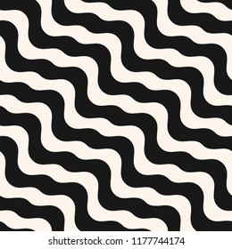 Diagonal liquid lines seamless pattern. Vector abstract wavy texture. Simple black and white background with diagonal waves, stripes, fluid shapes. Repeat monochrome design for decor, prints, fabric